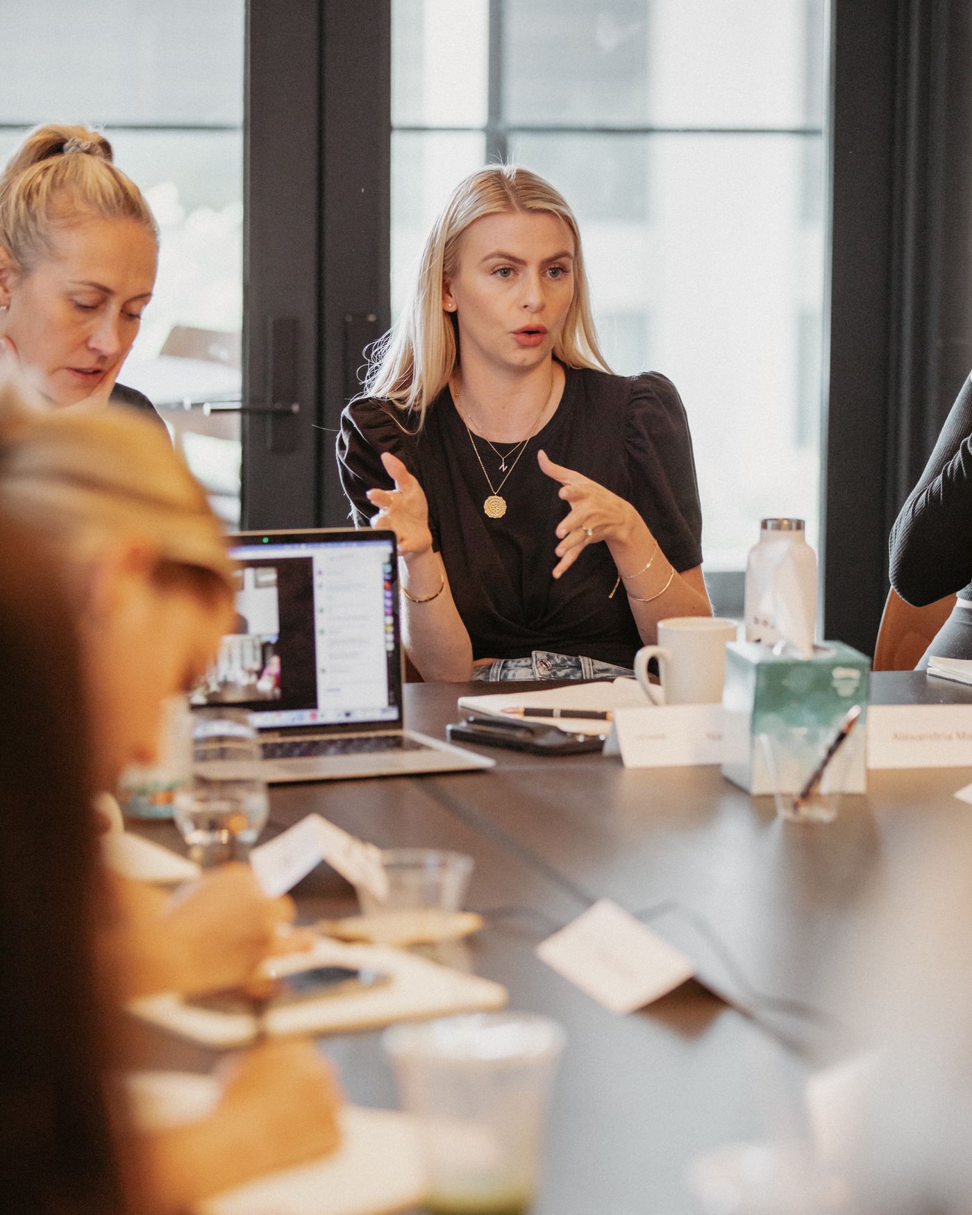 Natalie Ellis speaking at the head of a table during a working session